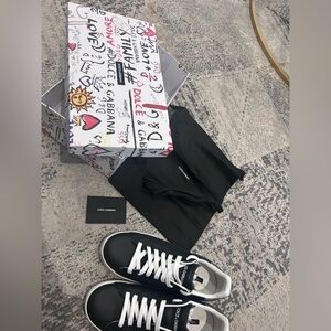 Dolce&Gabbana Mens Black White Silver Calfskin Nappa Portofino Leather Sneakers